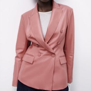 ZARA NEW WOMAN FAUX LEATHER DOUBLE-BREASTED BLAZER JACKET PINK MARSALA
